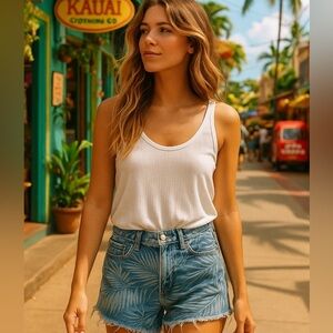 Current/Elliott Denim High Waist Tropical Palm Print Shorts